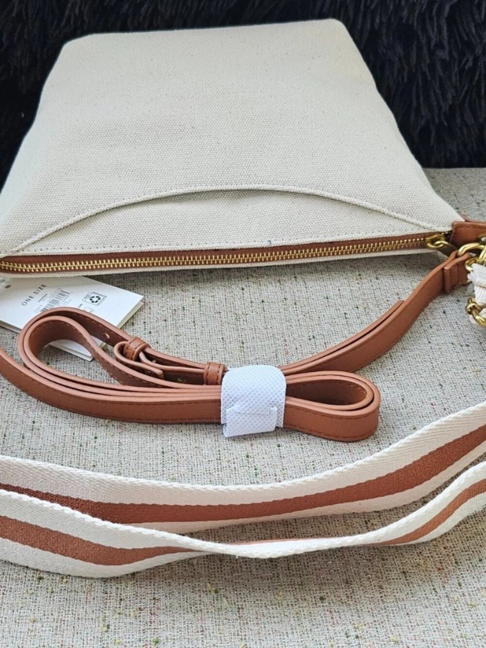Free Assembly Women Bag Crossbody Double Strap Beige Cavas Purse Bag NWT - Picture 2 of 9